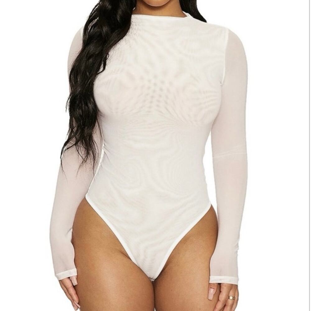 NWOT Naked Wardrobe Mesh Long Sleeve Bodysuit in White SZ S